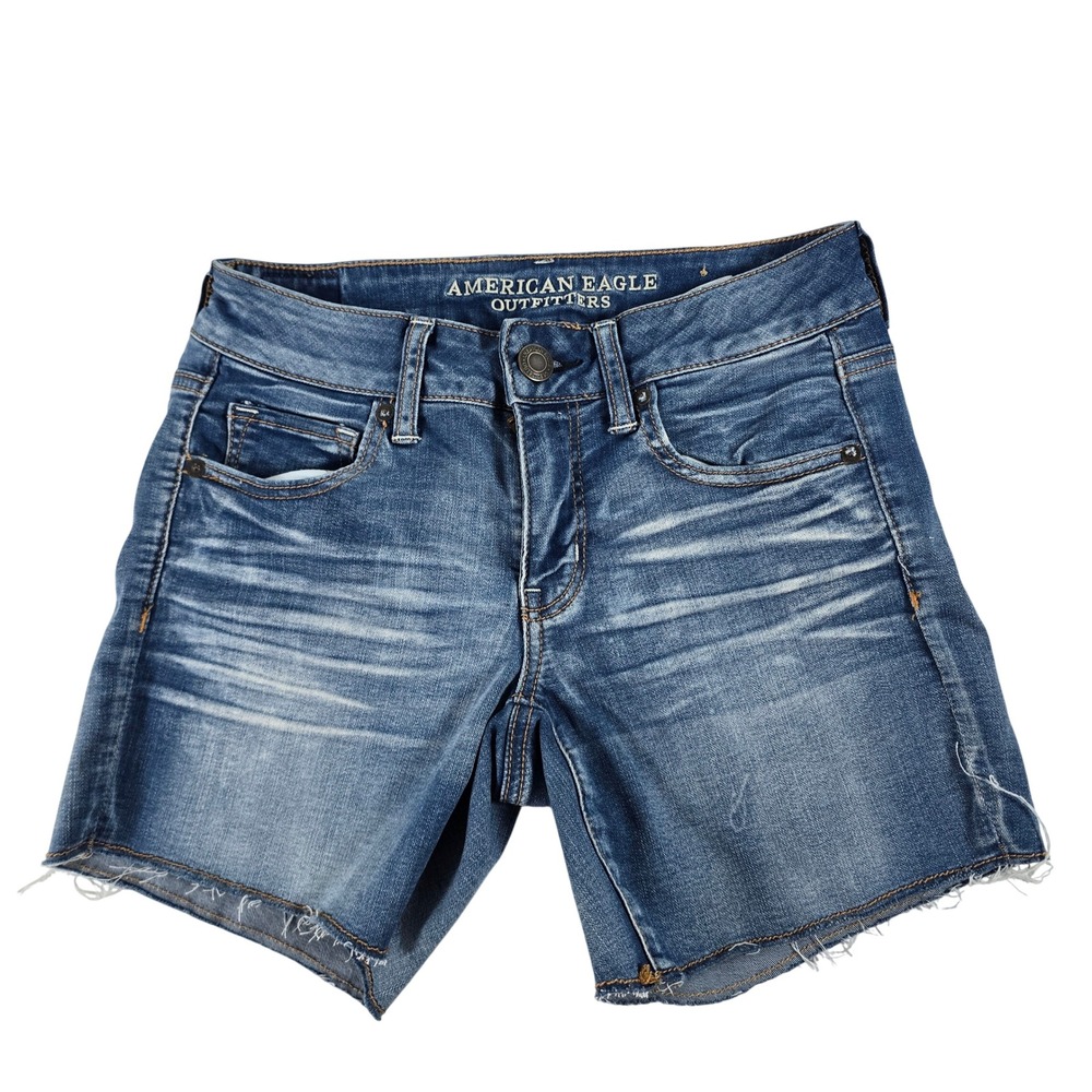 American Eagle Midi Shorts Womens 4 Blue Denim Super Super Stretch Raw Hem 13516